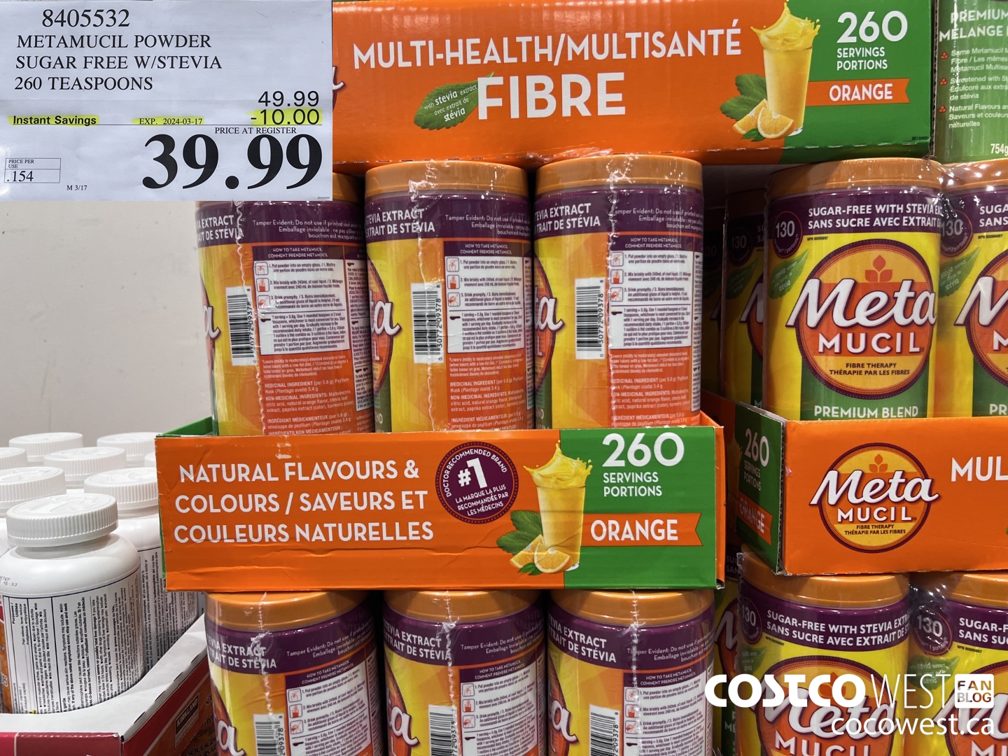 8405532 METAMUCIL POWDER SUGAR FREE W/STEVIA 260 TEASPOONS  ($10.00 INSTANT SAVINGS EXPIRES ON 2024-03-17) $39.99