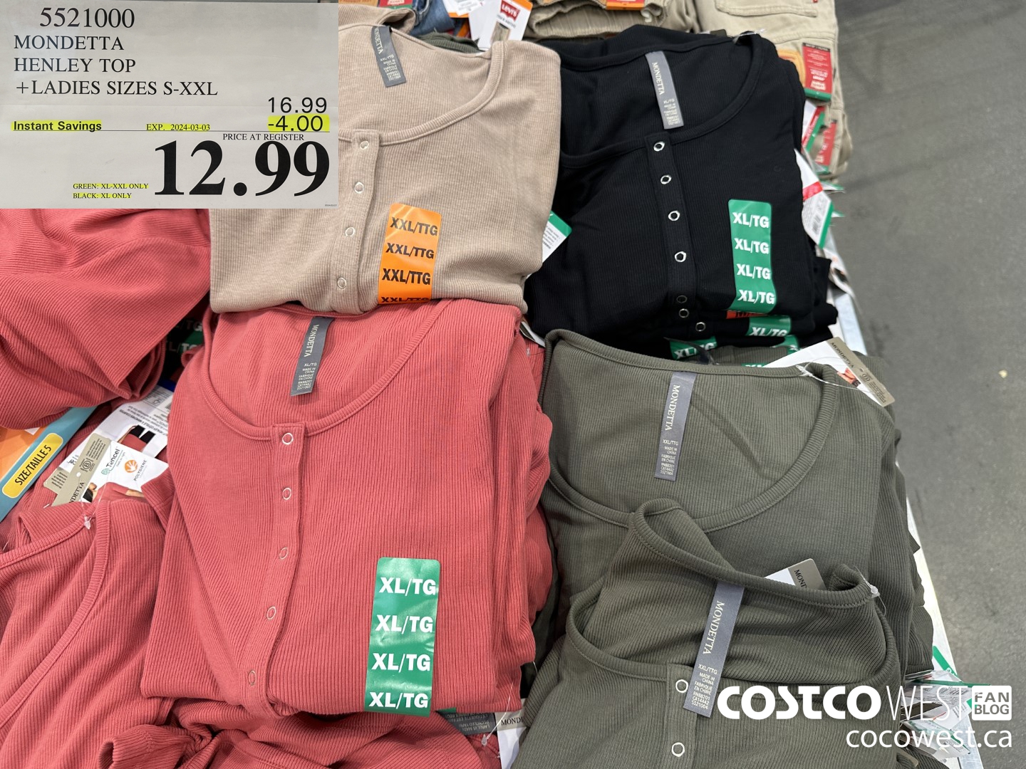 5521000 MONDETTA HENLEY TOP LADIES SIZES S-XXL ($4.00 INSTANT SAVINGS EXPIRES ON 2024-03-03) $12.99