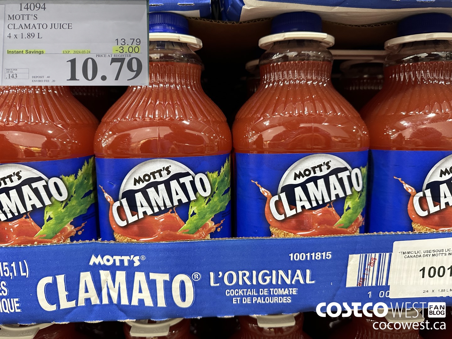 14094 MOTTS CLAMATO JUICE 4 X 1.89 L ($3.00 INSTANT SAVINGS EXPIRES ON 2024-03-24) $10.79