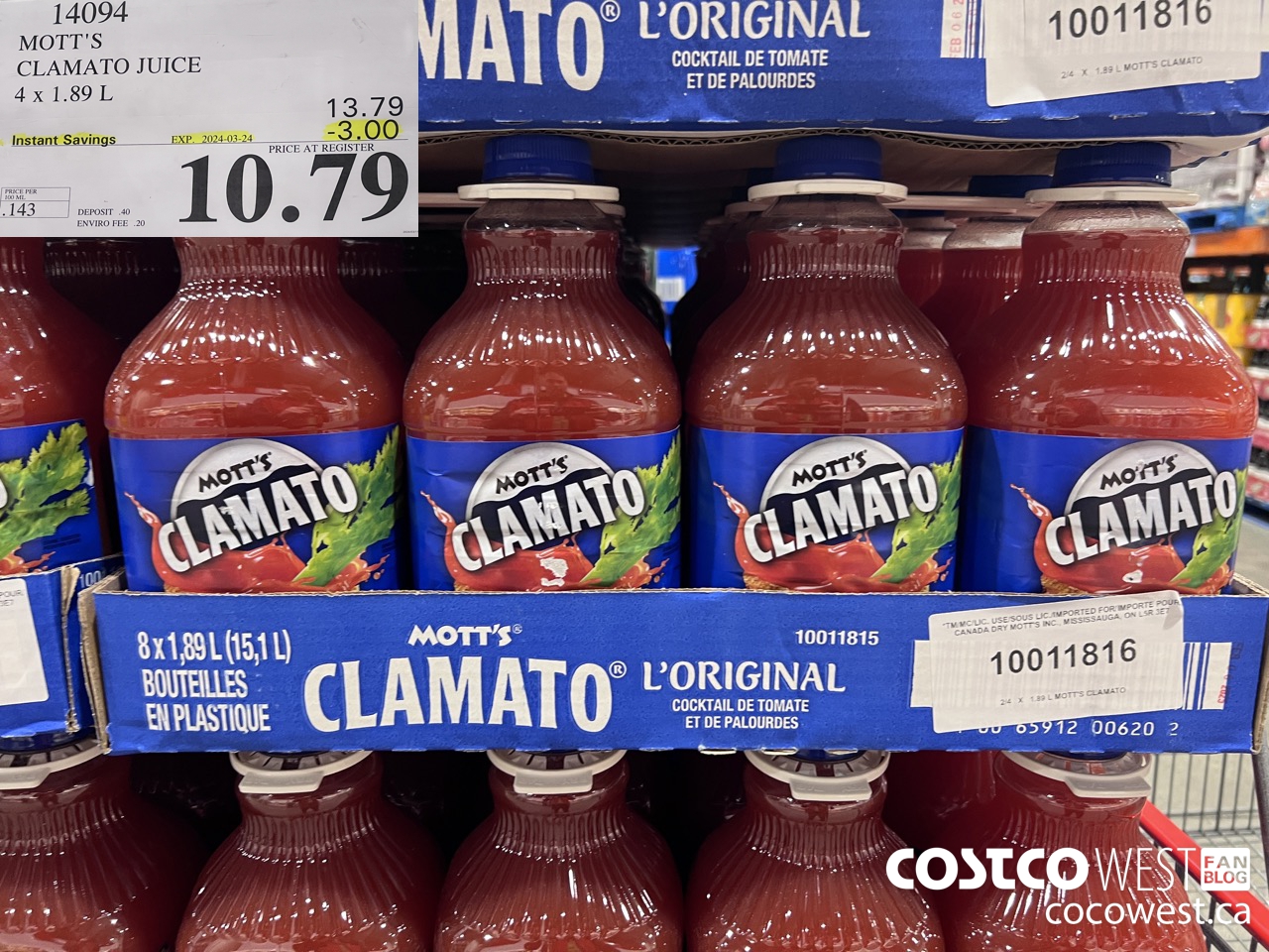 14094 MOTTS CLAMATO JUICE 4 X 1.89 L ($3.00 INSTANT SAVINGS EXPIRES ON 2024-03-24) $10.79