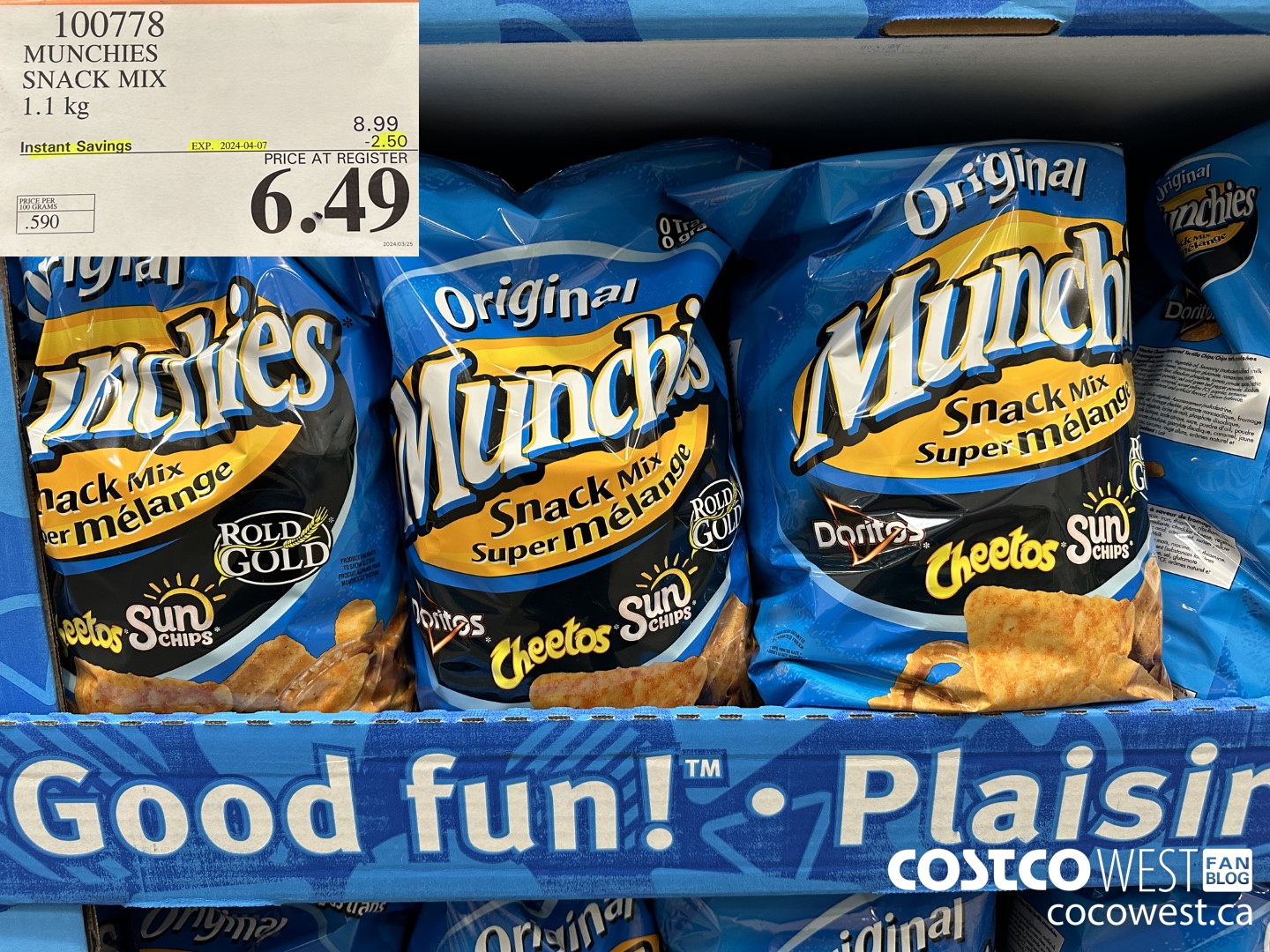 100778 MUNCHIES SNACK MIX 1.1 kg ($2.50 INSTANT SAVINGS EXPIRES ON 2024-04-07) $6.49