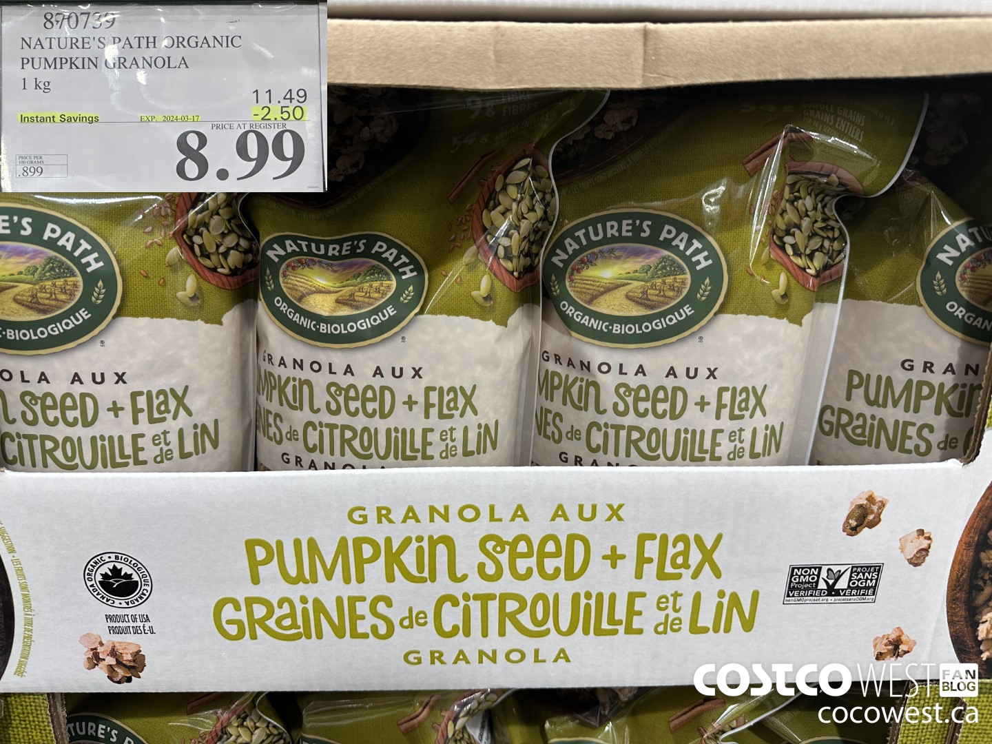 870739 NATURE'S PATH PUMPKIN GRANOLA 1KG ($2.50 INSTANT SAVINGS EXPIRES ON 2024-03-17) $8.99