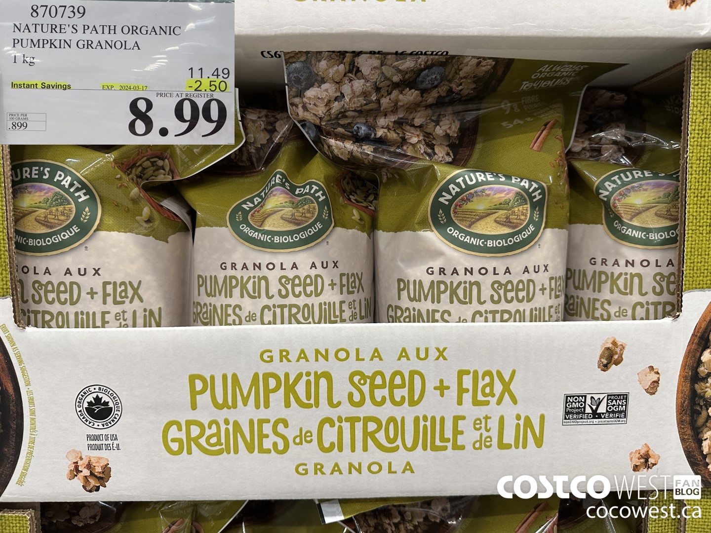 870739 NATURE'S PATH PUMPKIN GRANOLA 1KG ($2.50 INSTANT SAVINGS EXPIRES ON 2024-03-17) $8.99