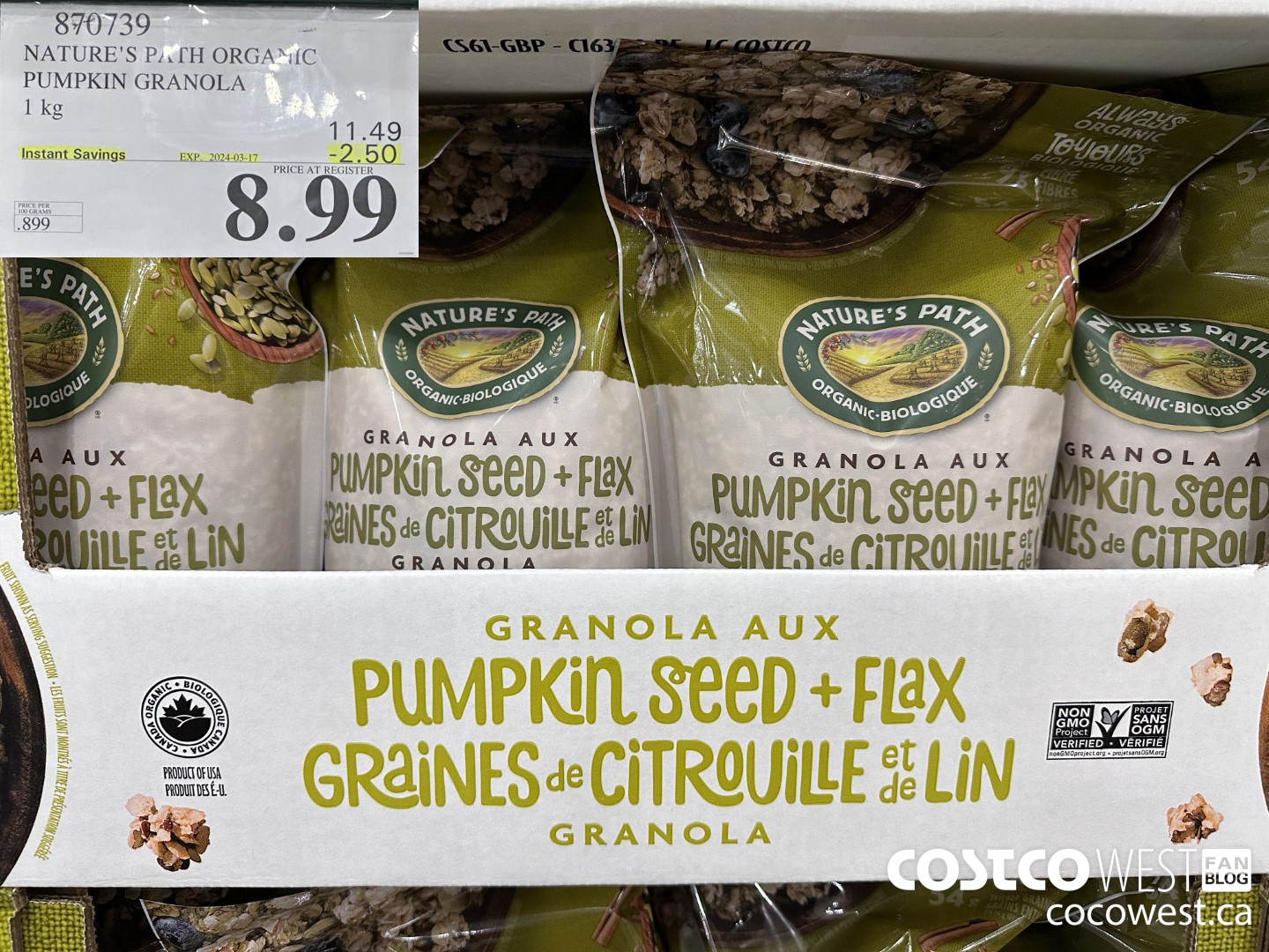 870739 NATURE'S PATH PUMPKIN GRANOLA 1KG ($2.50 INSTANT SAVINGS EXPIRES ON 2024-03-17) $8.99