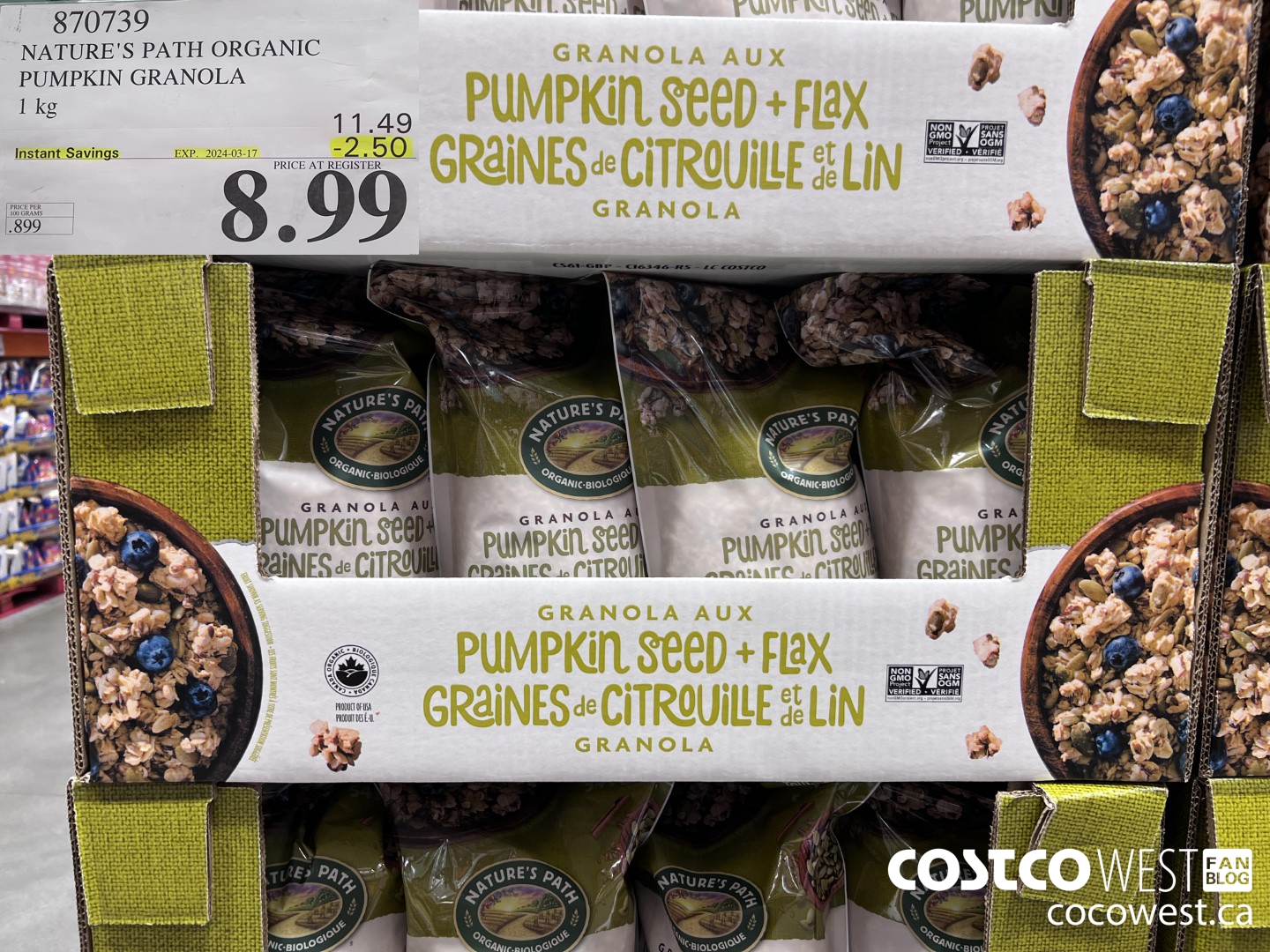 870739 NATURE'S PATH PUMPKIN GRANOLA 1KG ($2.50 INSTANT SAVINGS EXPIRES ON 2024-03-17) $8.99