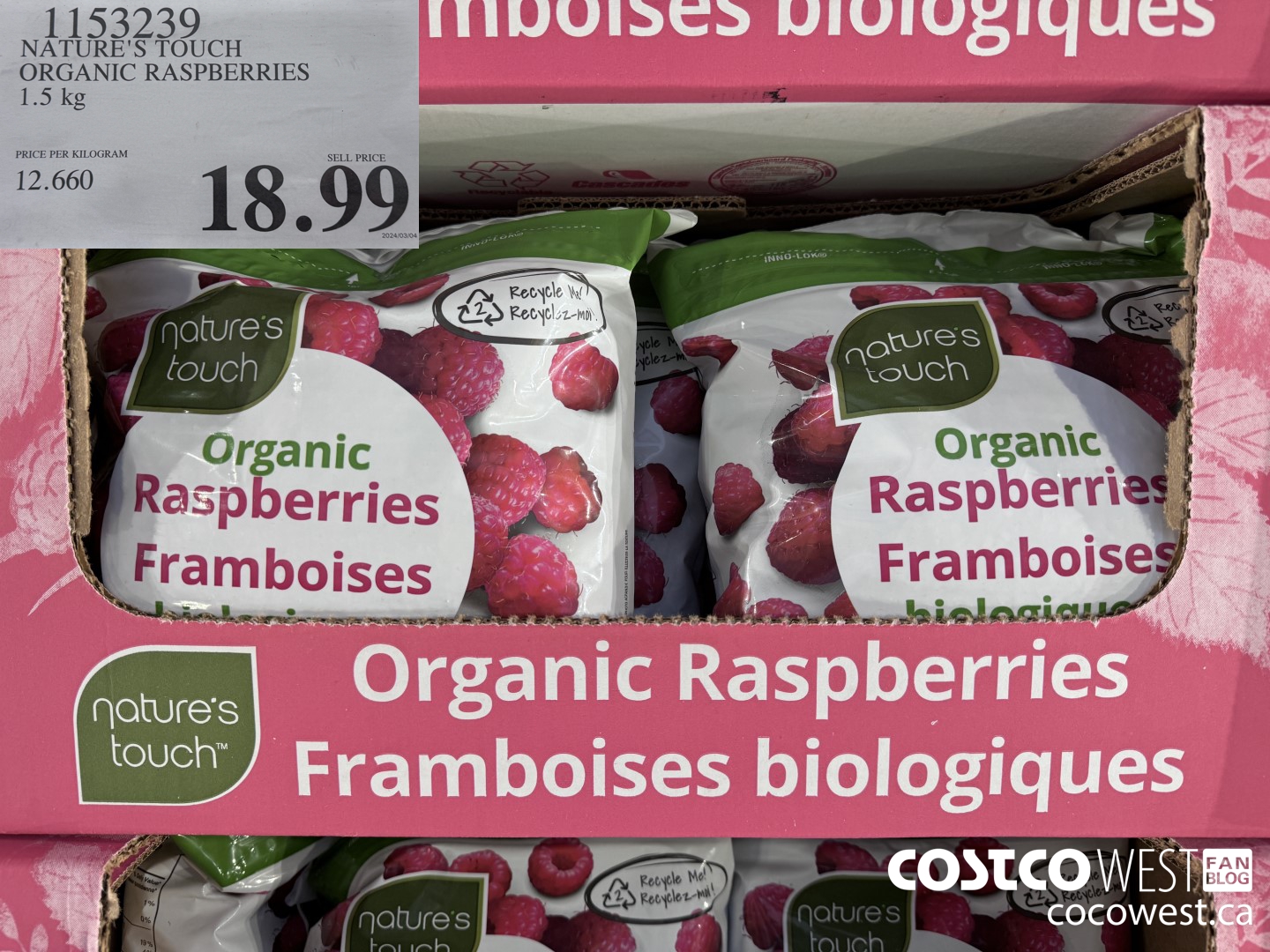 1153239 NATURE'S TOUCH ORGANIC RASPBERRIES 1.5 KG $18.99