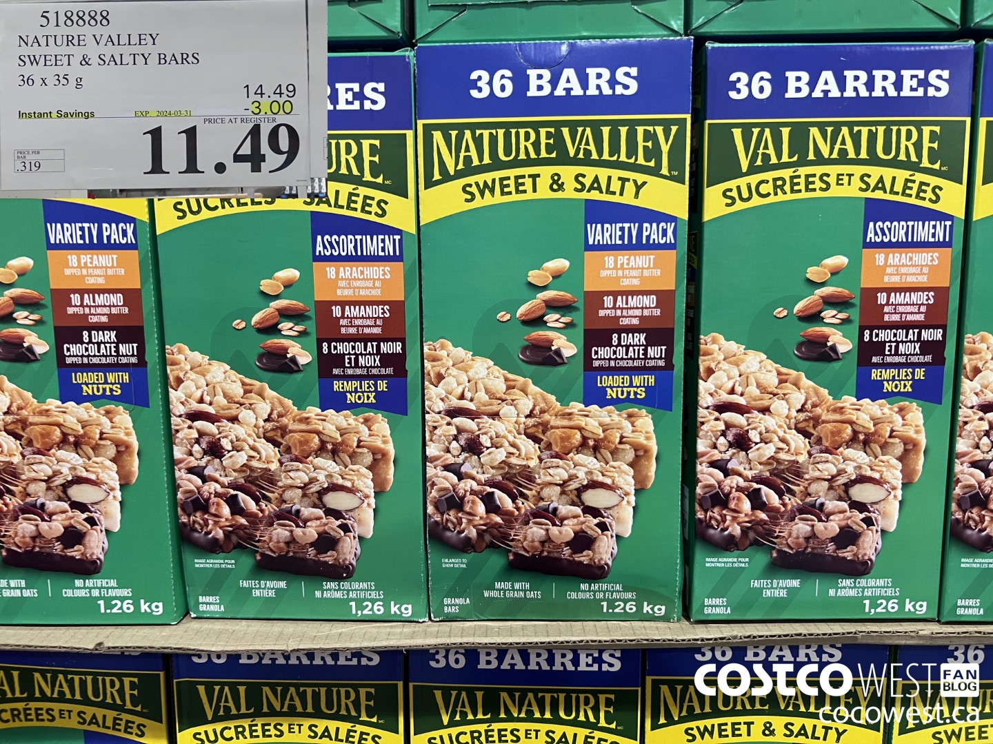 518888 NATURE VALLEY SWEET & SALTY BARS 36 X 35 G ($3.00 INSTANT SAVINGS EXPIRES ON 2024-03-31) $11.49