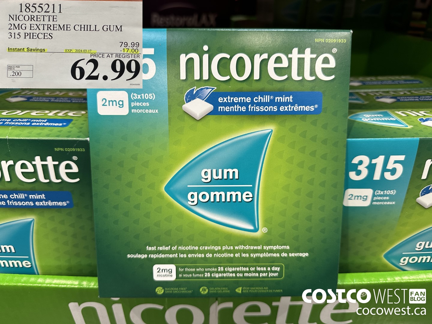 1855211 NICORETTE 2MG EXTREME CHILL GUM 315 PIECES ($17.00 INSTANT SAVINGS EXPIRES ON 2024-03-17) $62.99