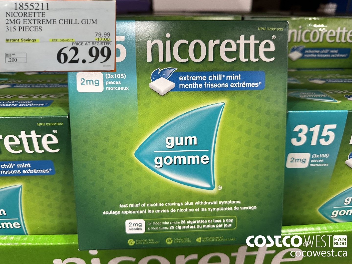 1855211 NICORETTE 2MG EXTREME CHILL GUM 315 PIECES ($17.00 INSTANT SAVINGS EXPIRES ON 2024-03-17) $62.99
