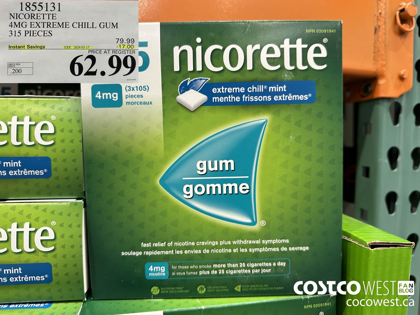 1855131 NICORETTE 4MG EXTREME CHILL GUM 315 PIECES ($17.00 INSTANT SAVINGS EXPIRES ON 2024-03-17) $62.99