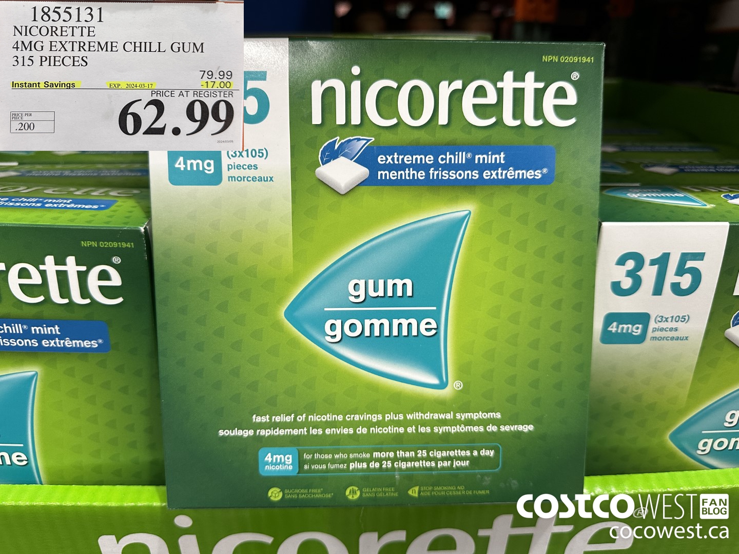 1855131 NICORETTE 4MG EXTREME CHILL GUM 315 PIECES ($17.00 INSTANT SAVINGS EXPIRES ON 2024-03-17) $62.99