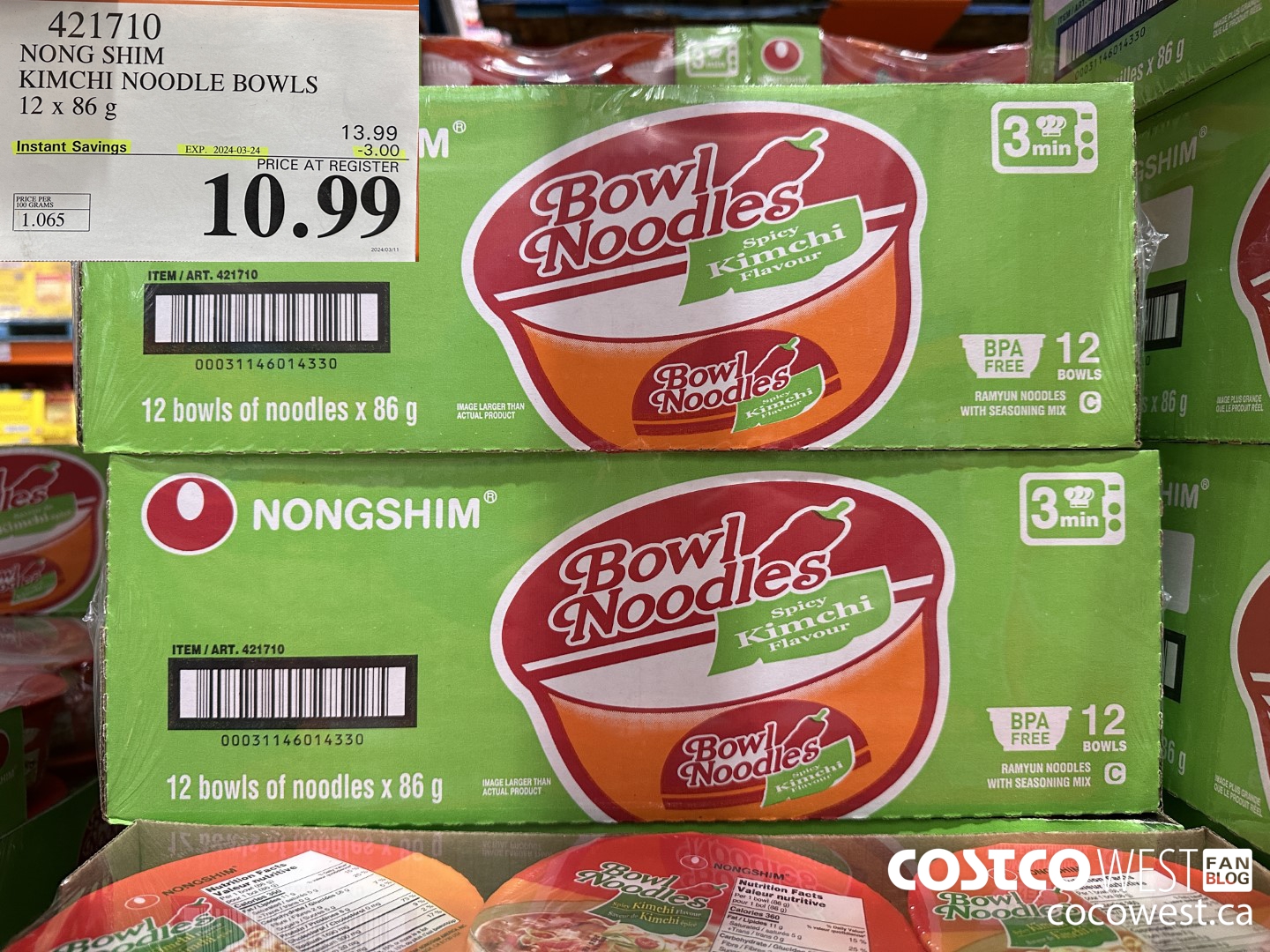 421710 NONG SHIM KIMCHI NOODLE BOWLS 12 x 86g ($3.00 INSTANT SAVINGS EXPIRES ON 2024-03-24) $10.99