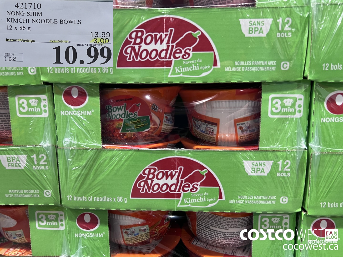 421710 NONG SHIM KIMCHI NOODLE BOWLS 12 x 86g ($3.00 INSTANT SAVINGS EXPIRES ON 2024-03-24) $10.99