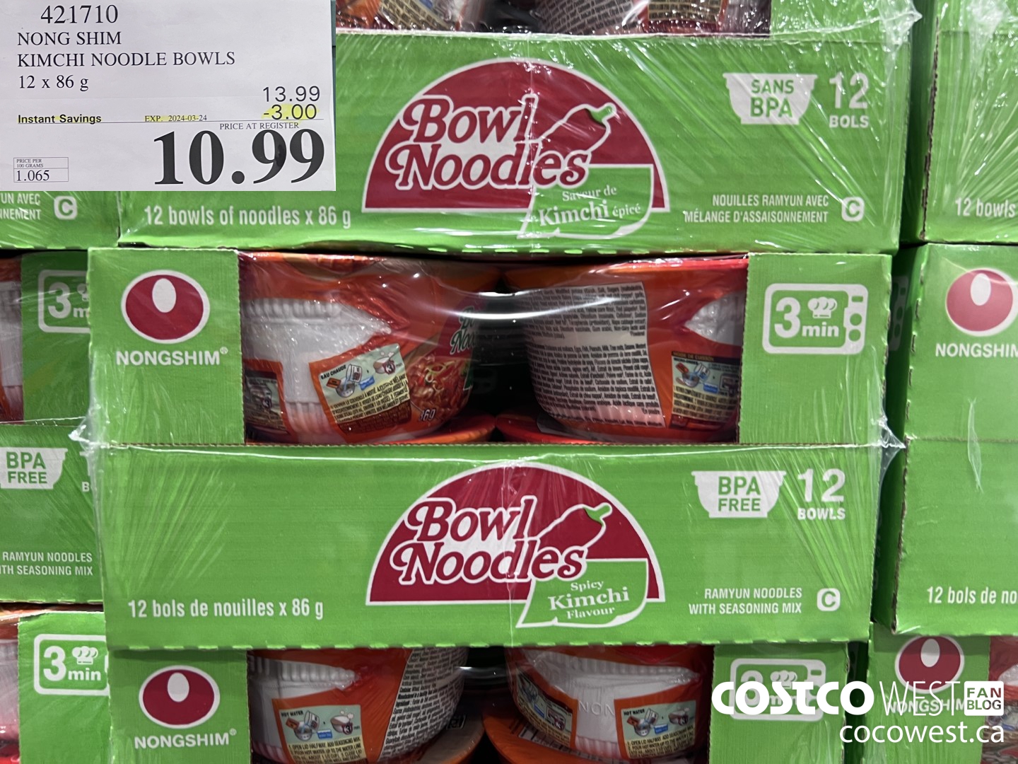 421710 NONG SHIM KIMCHI NOODLE BOWLS 12 x 86g ($3.00 INSTANT SAVINGS EXPIRES ON 2024-03-24) $10.99