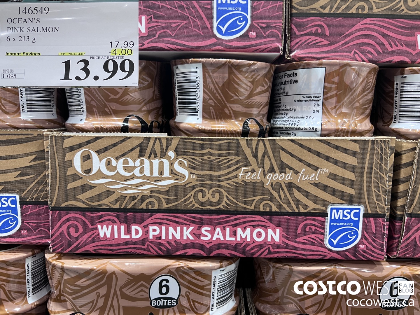 146549 OCEAN'S PINK SALMON 6 X 213 G ($4.00 INSTANT SAVINGS EXPIRES ON 2024-04-07) $14.49