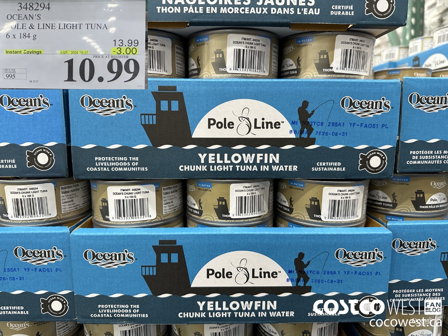 348294 OCEAN'S POLE & LINE LIGHT TUNA 6 x 184 g ($3.00 INSTANT SAVINGS EXPIRES ON 2024-03-17) $10.99