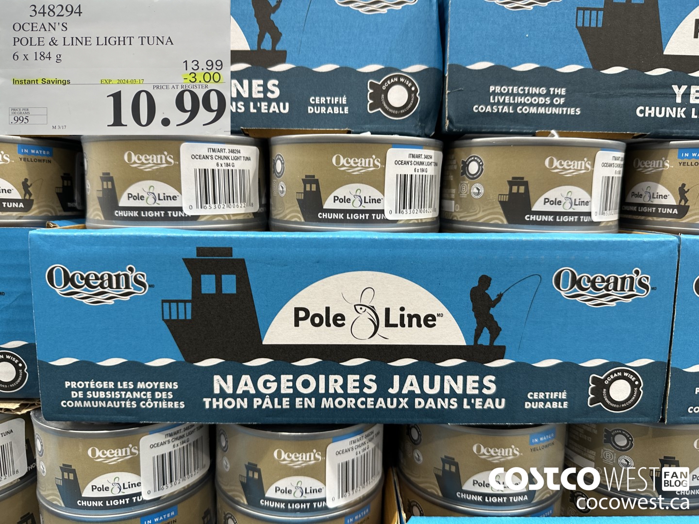 348294 OCEAN'S POLE & LINE LIGHT TUNA 6 x 184 g ($3.00 INSTANT SAVINGS EXPIRES ON 2024-03-17) $10.99