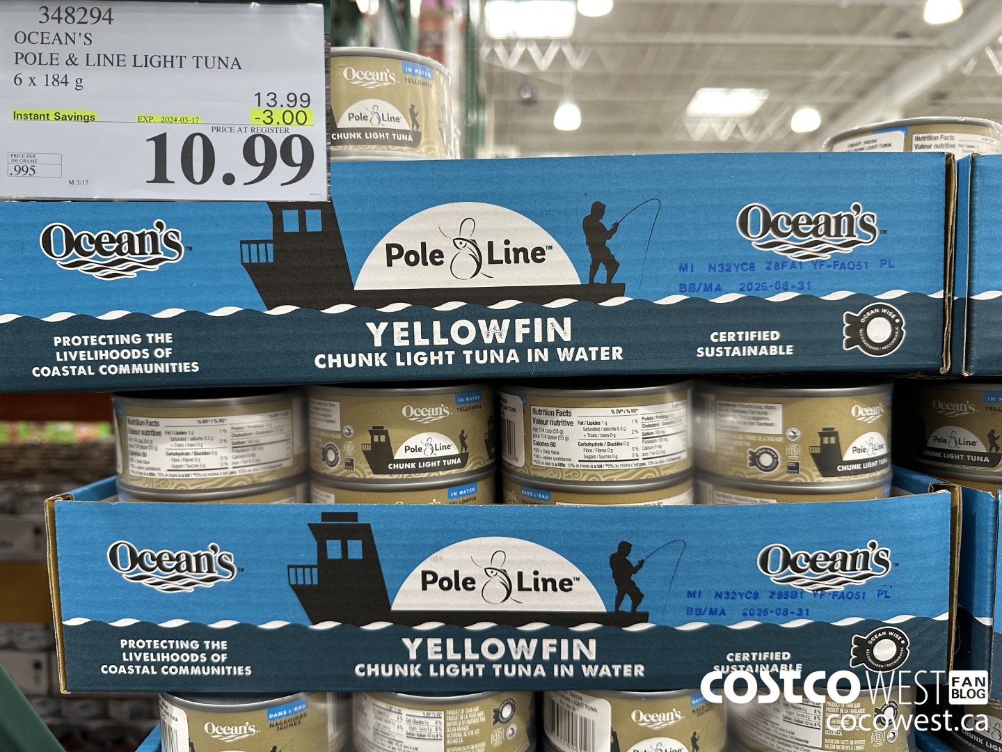 348294 OCEAN'S POLE & LINE LIGHT TUNA 6 x 184 g ($3.00 INSTANT SAVINGS EXPIRES ON 2024-03-17) $10.99