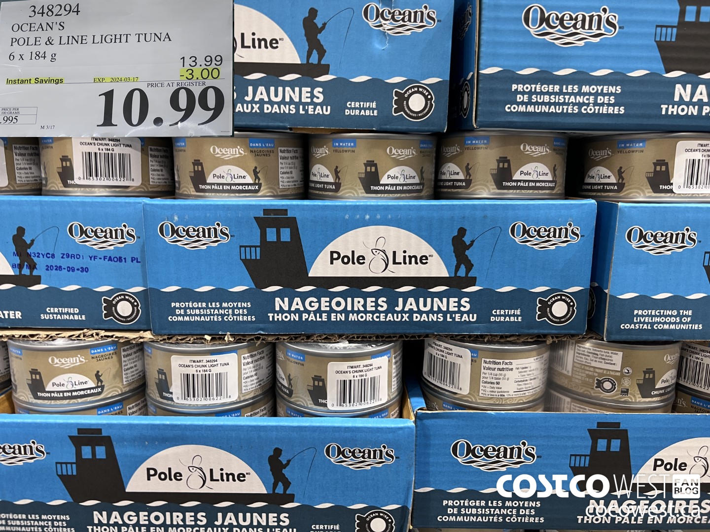 348294 OCEAN'S POLE & LINE LIGHT TUNA 6 x 184 g ($3.00 INSTANT SAVINGS EXPIRES ON 2024-03-17) $10.99