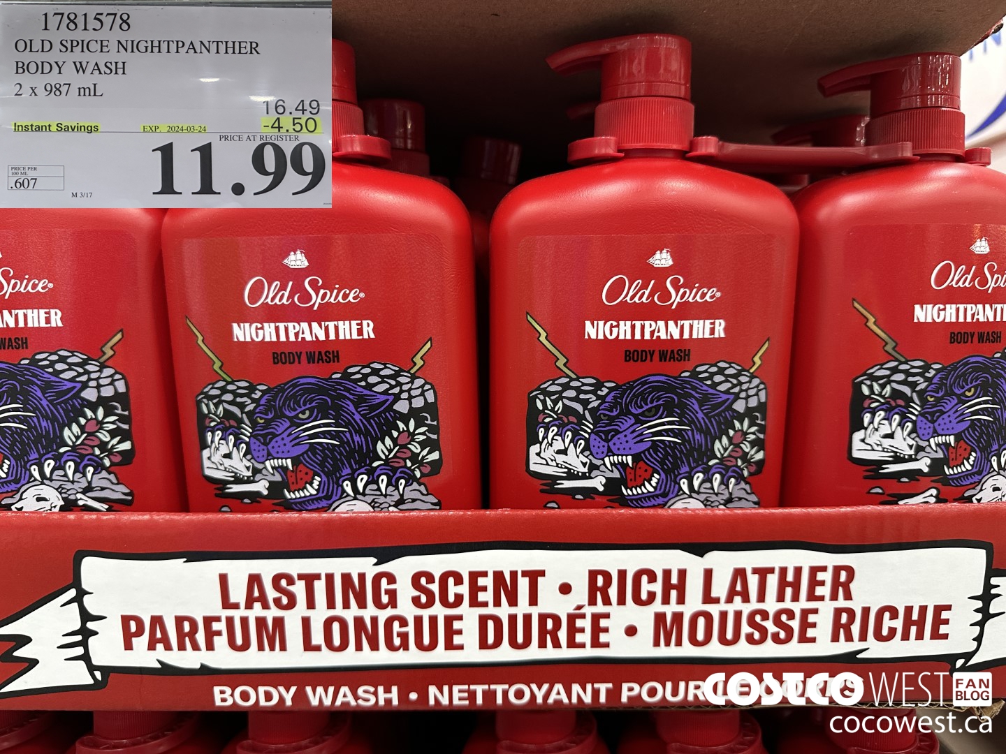 1781578 OLD SPICE NIGHTPANTHER BODY WASH 2 X 987 ML ($4.50 INSTANT SAVINGS EXPIRES ON 2024-03-24) $11.99