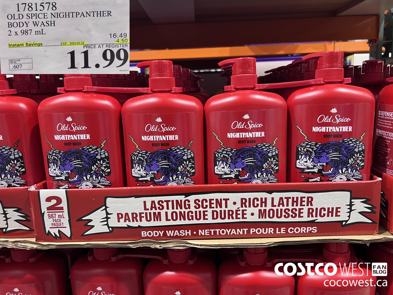 1781578 OLD SPICE NIGHTPANTHER BODY WASH 2 X 987 ML ($4.50 INSTANT SAVINGS EXPIRES ON 2024-03-24) $11.99