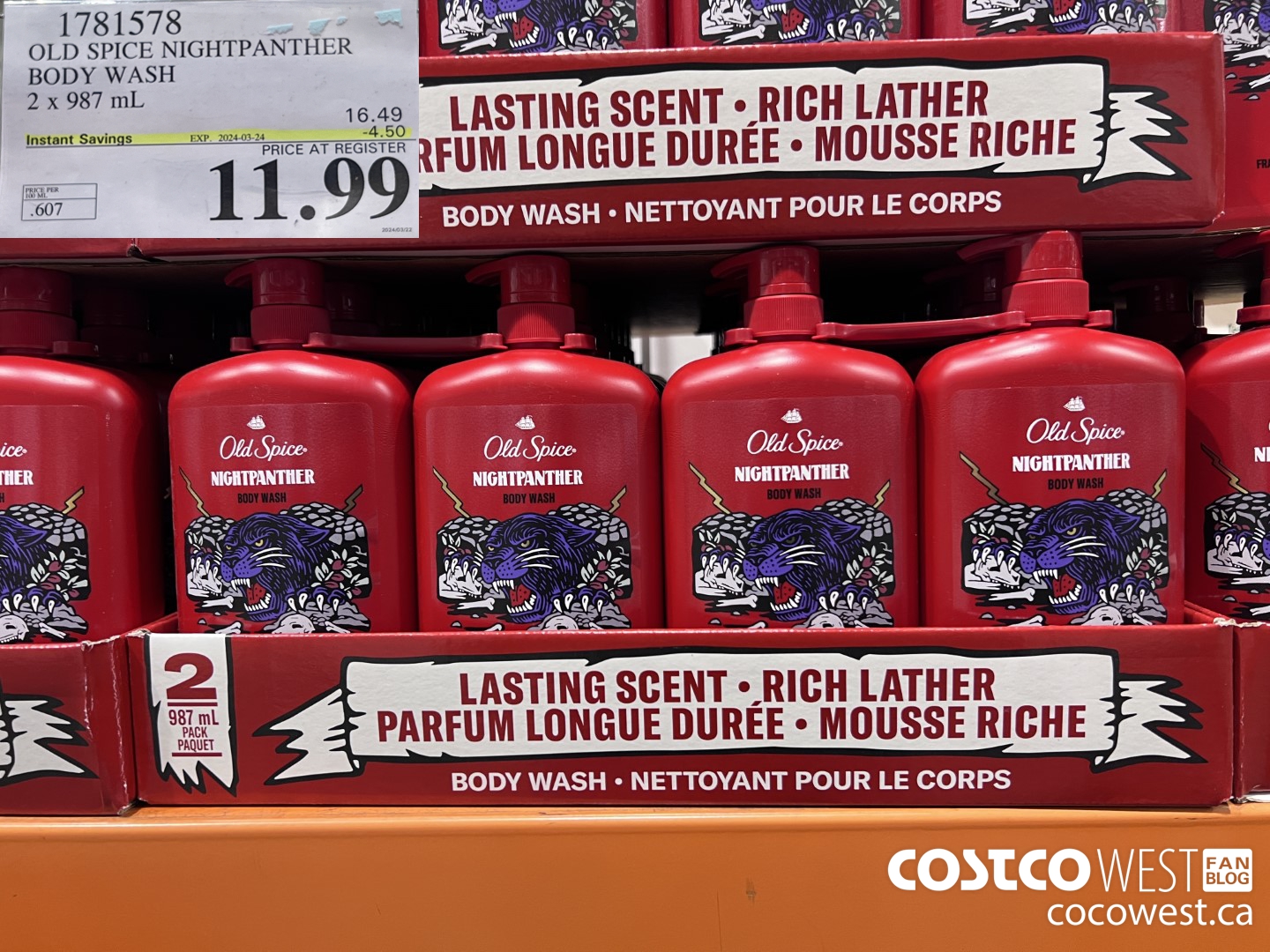 1781578 OLD SPICE NIGHTPANTHER BODY WASH 2 X 987 ML ($4.50 INSTANT SAVINGS EXPIRES ON 2024-03-24) $11.99