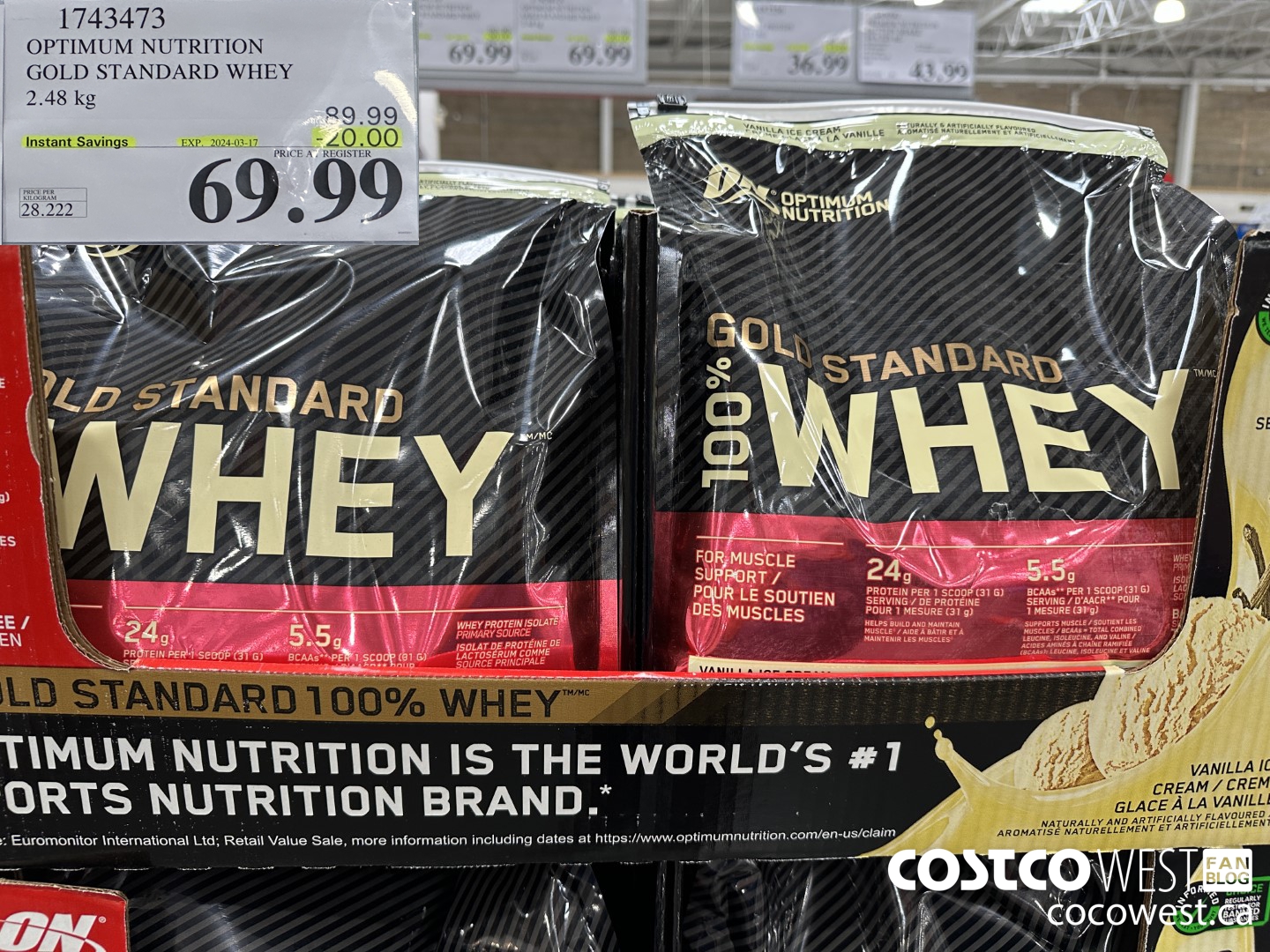 1743473 OPTIMUM NUTRITION GOLD STANDARD WHEY 2.548 KG ($20.00 INSTANT SAVINGS EXPIRES ON 2024-03-17) $69.99