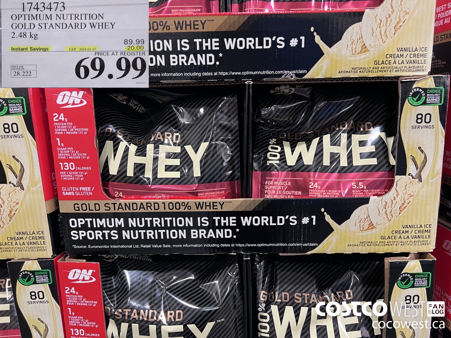 1743473 OPTIMUM NUTRITION GOLD STANDARD WHEY 2.548 KG ($20.00 INSTANT SAVINGS EXPIRES ON 2024-03-17) $69.99