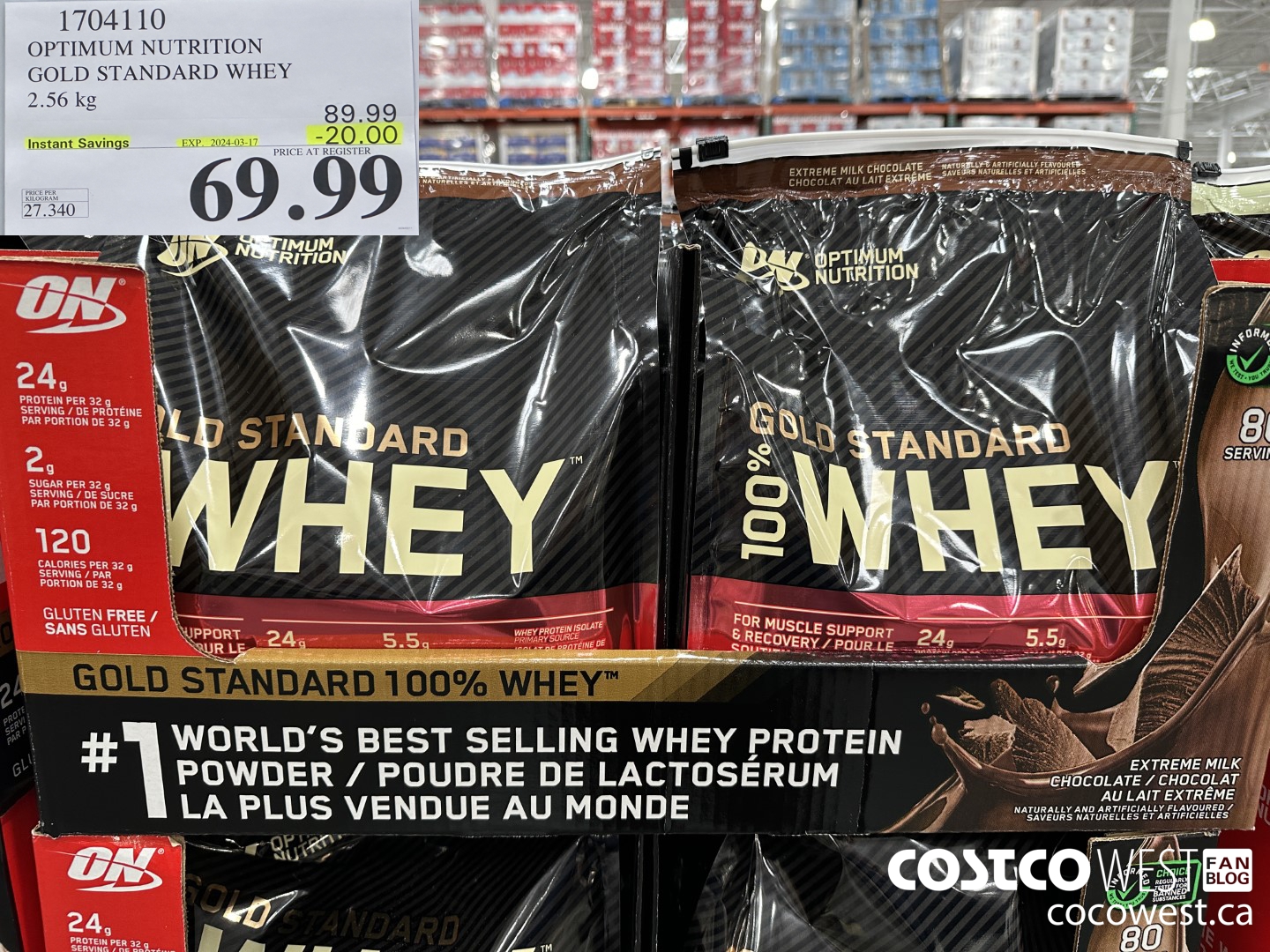 1704110 OPTIMUM NUTRITION GOLD STANDARD WHEY 2.56 KG ($20.00 INSTANT SAVINGS EXPIRES ON 2024-03-17) $69.99