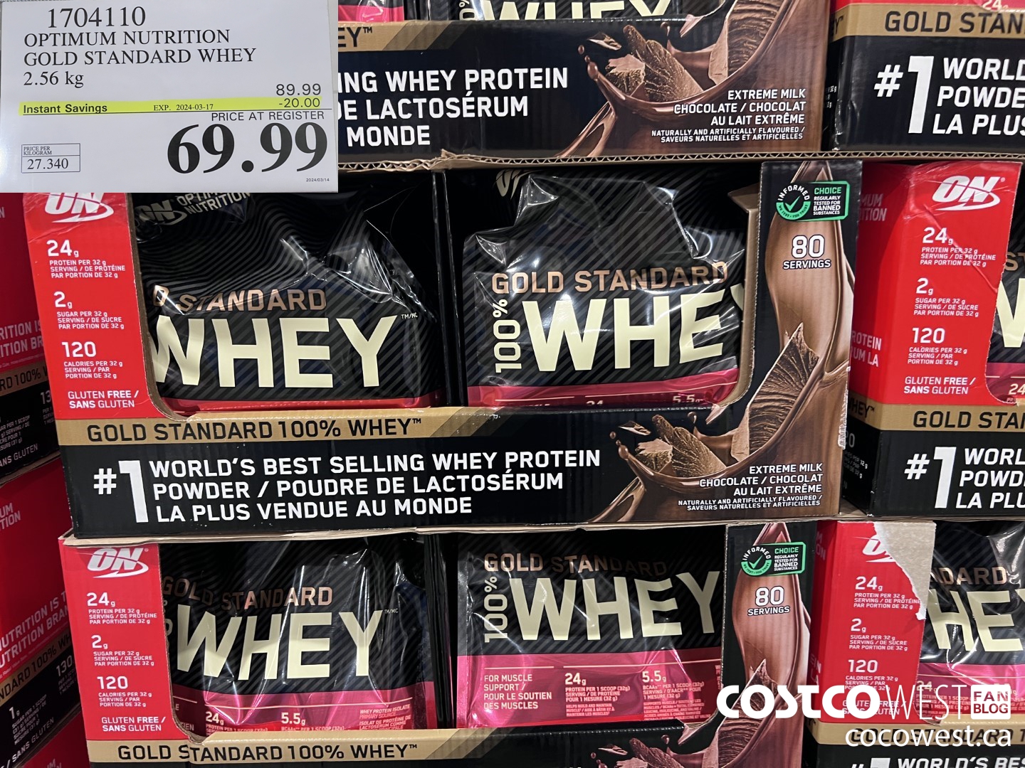 1704110 OPTIMUM NUTRITION GOLD STANDARD WHEY 2.56 KG ($20.00 INSTANT SAVINGS EXPIRES ON 2024-03-17) $69.99