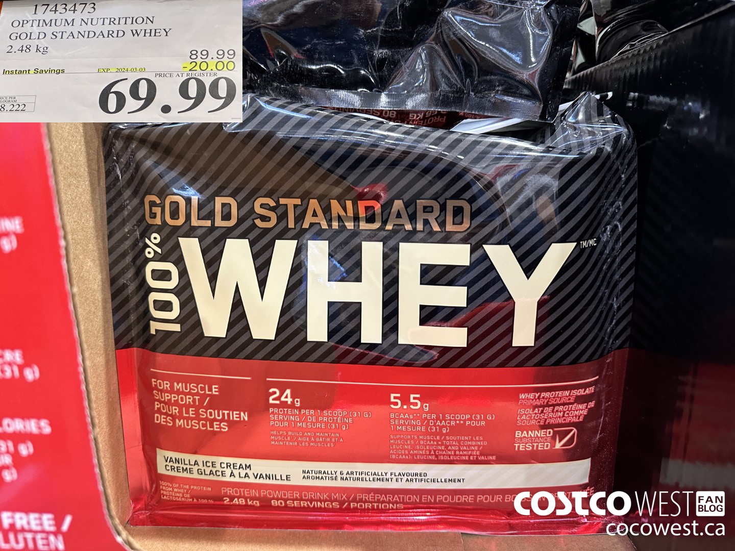 1743473 OPTIMUM NUTRITION GOLD STANDARD WHEY VANILLA 2.56 KG ($20.00 INSTANT SAVINGS EXPIRES ON 2024-03-03) $69.99