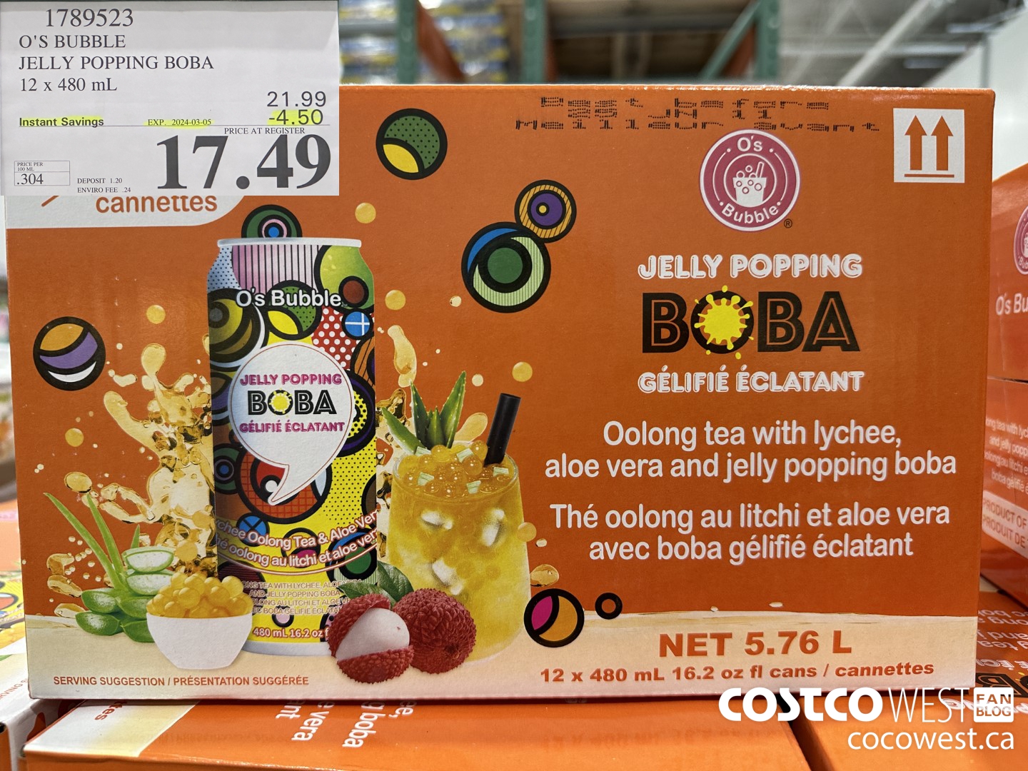 1789523 O'S BUBBLE JELLY POPPING BOBA 12 X 480 ML ($4.50 INSTANT SAVINGS EXPIRES ON 2024-03-05) $17.49