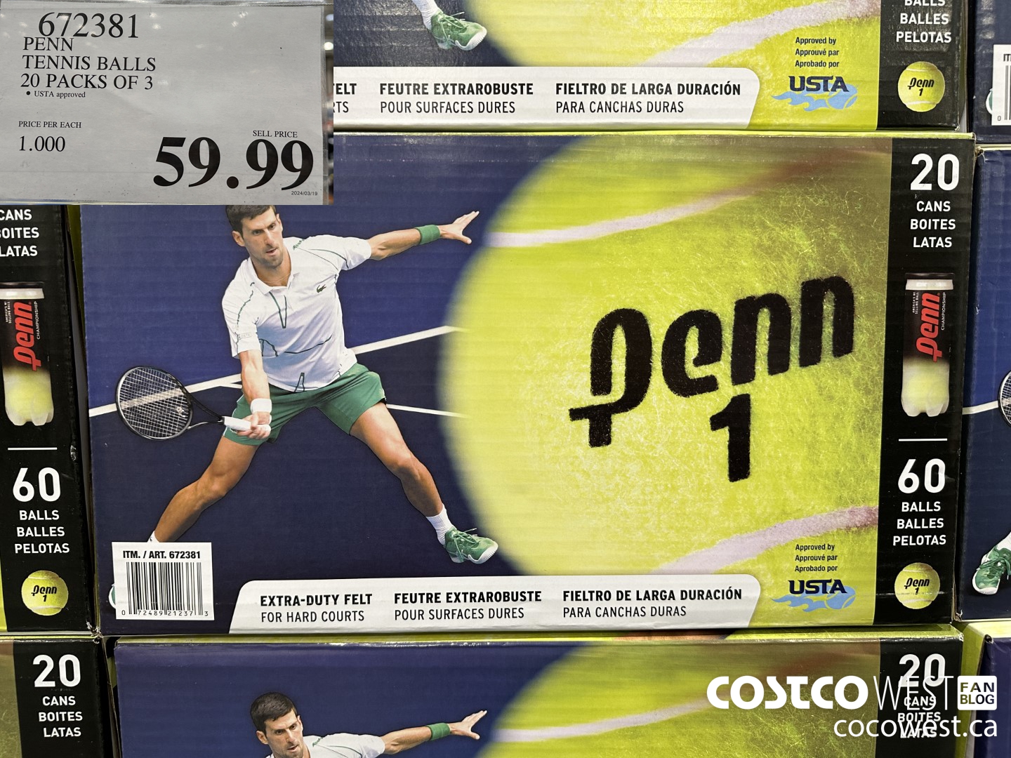 672381 PENN TENNIS BALLS 20 PACKS OF 3 $59.99