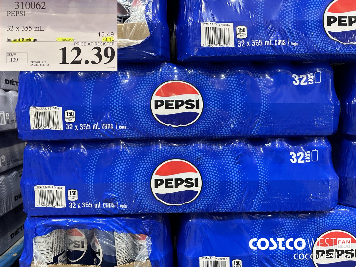 310062 PEPSI 32 X 355 ML ($3.10 INSTANT SAVINGS EXPIRES ON 2024-03-30) $12.39