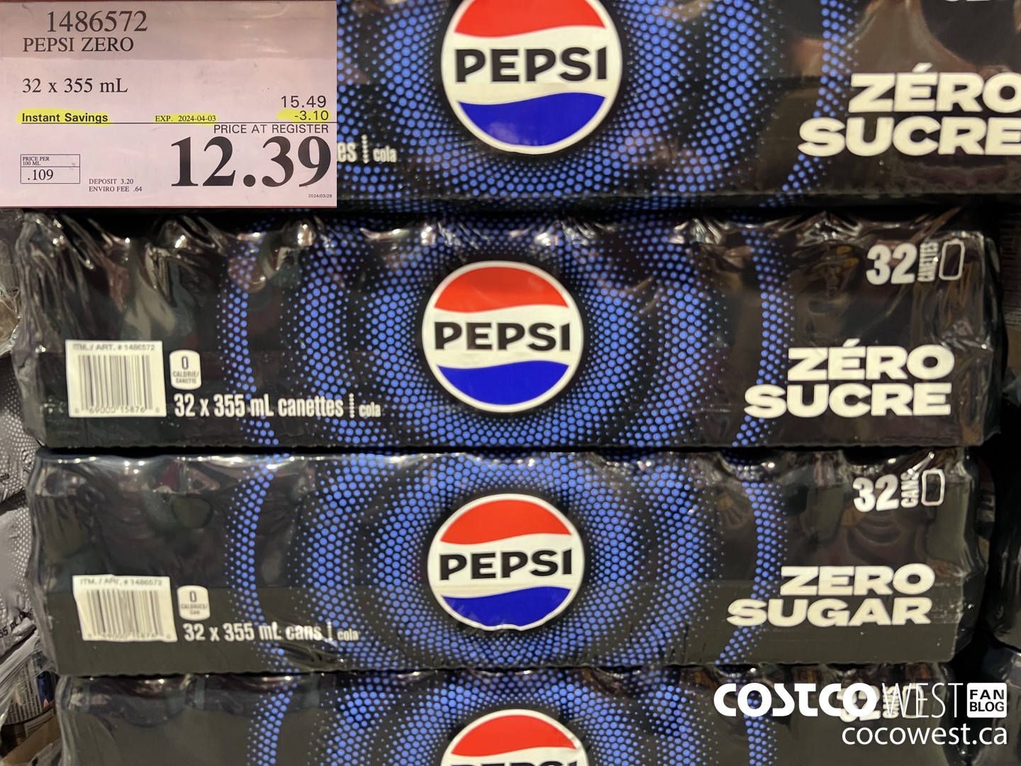 1486572 PEPSI ZERO 32 x 355 mL ($3.10 INSTANT SAVINGS EXPIRES ON 2024-04-03) $12.39