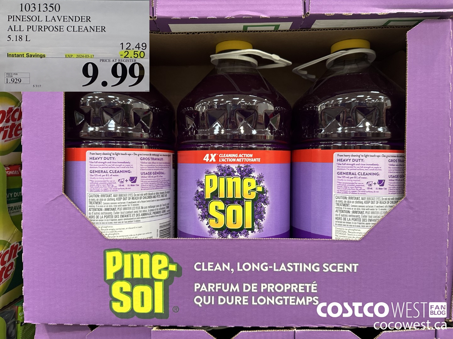 1031350 PINESOL LAVENDER ALL PURPOSE CLEANER 5.18 L ($2.50 INSTANT SAVINGS EXPIRES ON 2024-03-17) $9.99