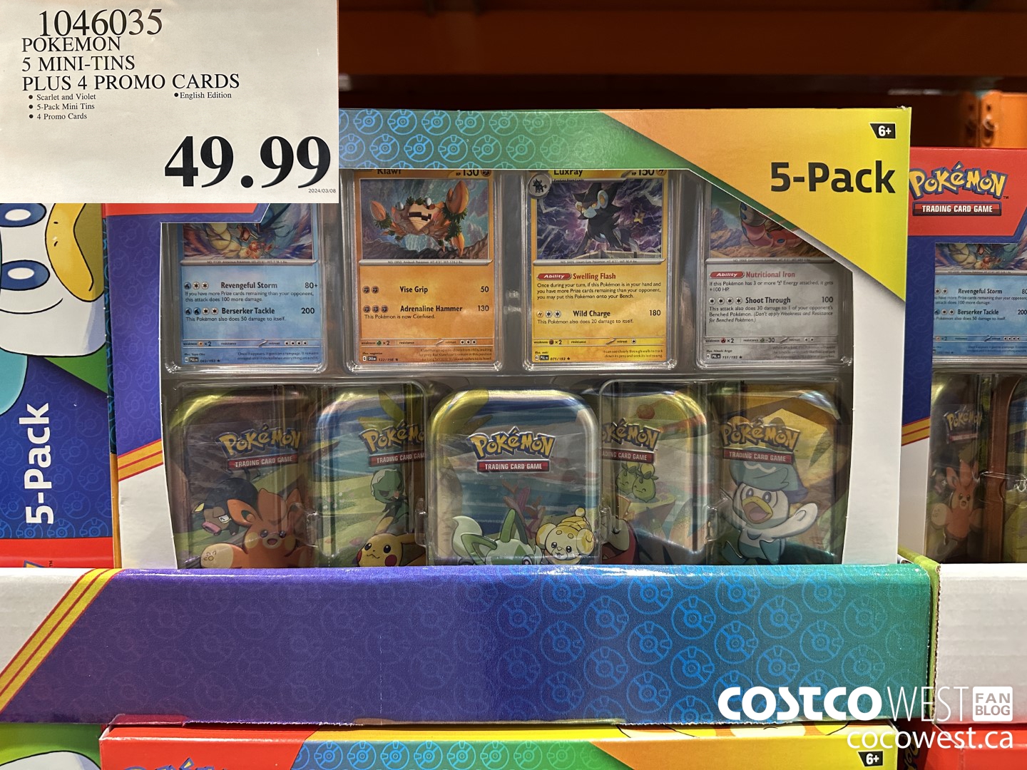 1046035 POKEMON 5 MINI-TINS PLUS 4 PROMO CARDS  $49.99