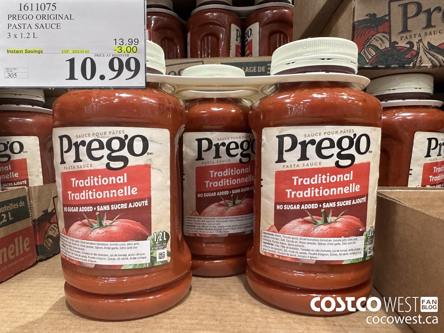 1611075 PREGO ORIGINAL PASTA SAUCE 3 X 1.2 L ($3.00 INSTANT SAVINGS EXPIRES ON 2024-03-03) $10.99