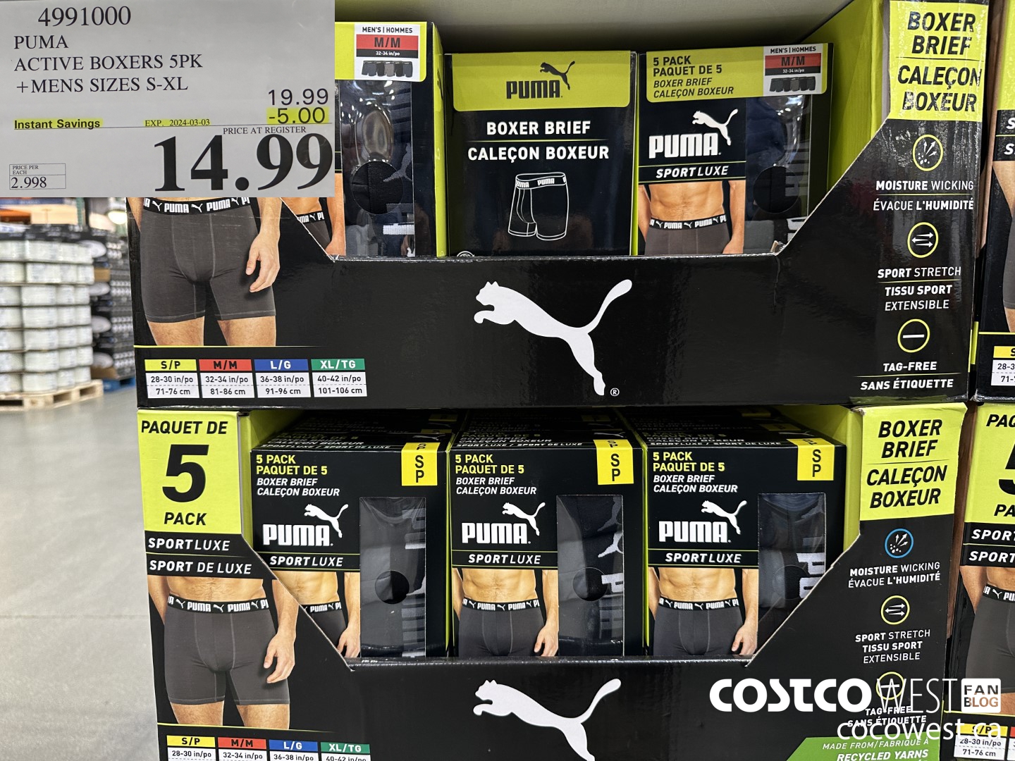 4991000 PUMA ACTIVE BOXERS 5PK MENS SIZES S-XL ($5.00 INSTANT SAVINGS EXPIRES ON 2024-03-03) $14.99