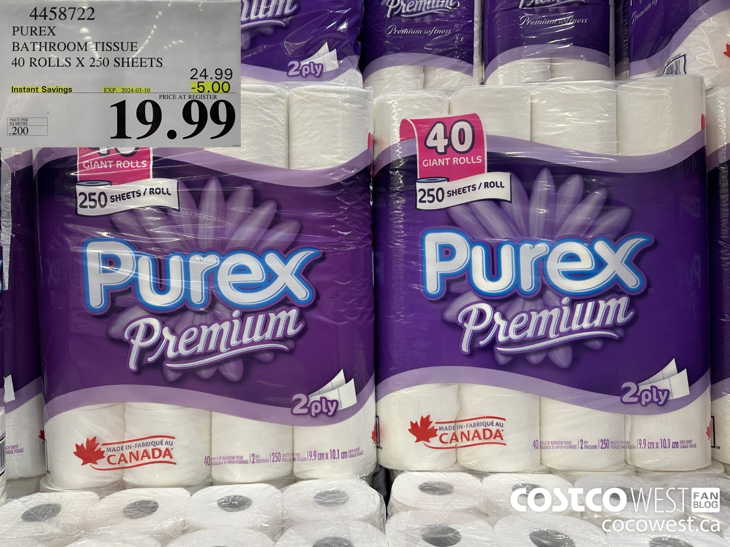 4458722 PUREX BATHROOM TISSUE 40 ROLLS X 250 SHEETS ($5.00 INSTANT SAVINGS EXPIRES ON 2024-03-10) $19.99