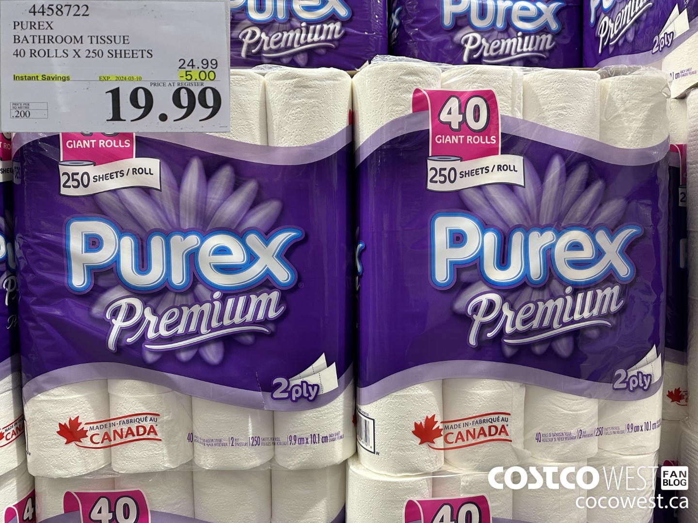 4458722 PUREX BATHROOM TISSUE 40 ROLLS X 250 SHEETS ($5.00 INSTANT SAVINGS EXPIRES ON 2024-03-10) $19.99