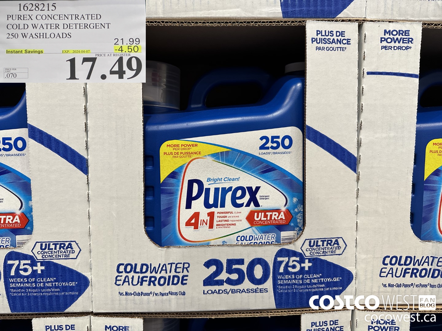 1628215 PUREX CONCENTRATED COLD WATER DETERGENT 250 WASHLOADS ($4.50 INSTANT SAVINGS EXPIRES ON 2024-04-07) $17.49