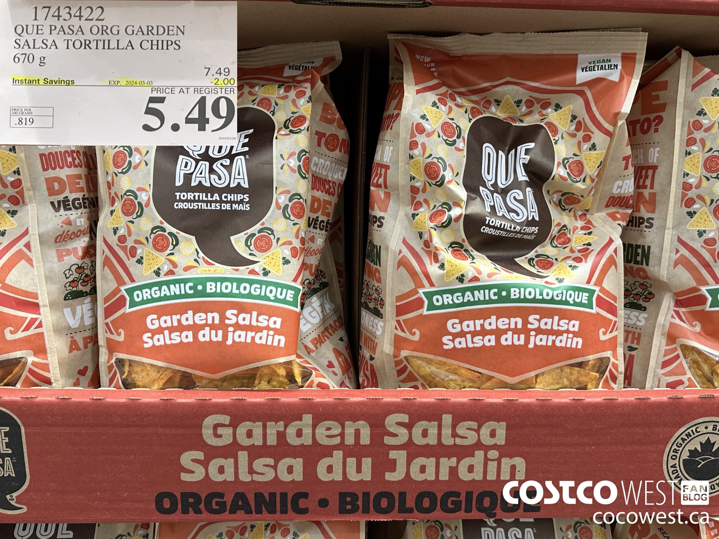 1743422 QUE PASA ORG GARDEN SALSA TORTILLA CHIPS 670 G ($2.00 INSTANT SAVINGS EXPIRES ON 2024-03-03) $5.49
