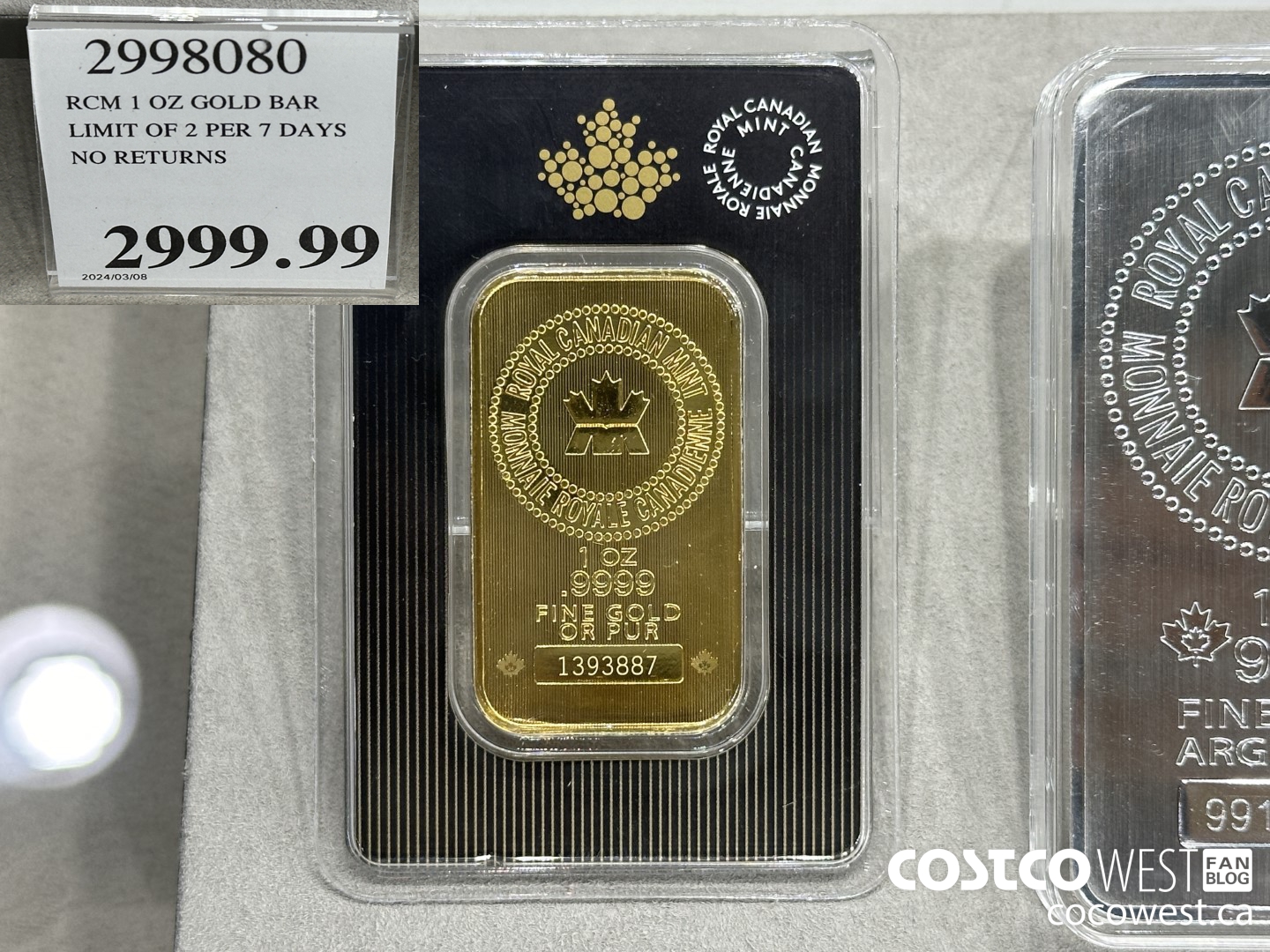 2998080 RCM 1 OZ GOLD BAR LIMIT OF 2 PER 7 DAYS NO RETURNS $2999.99