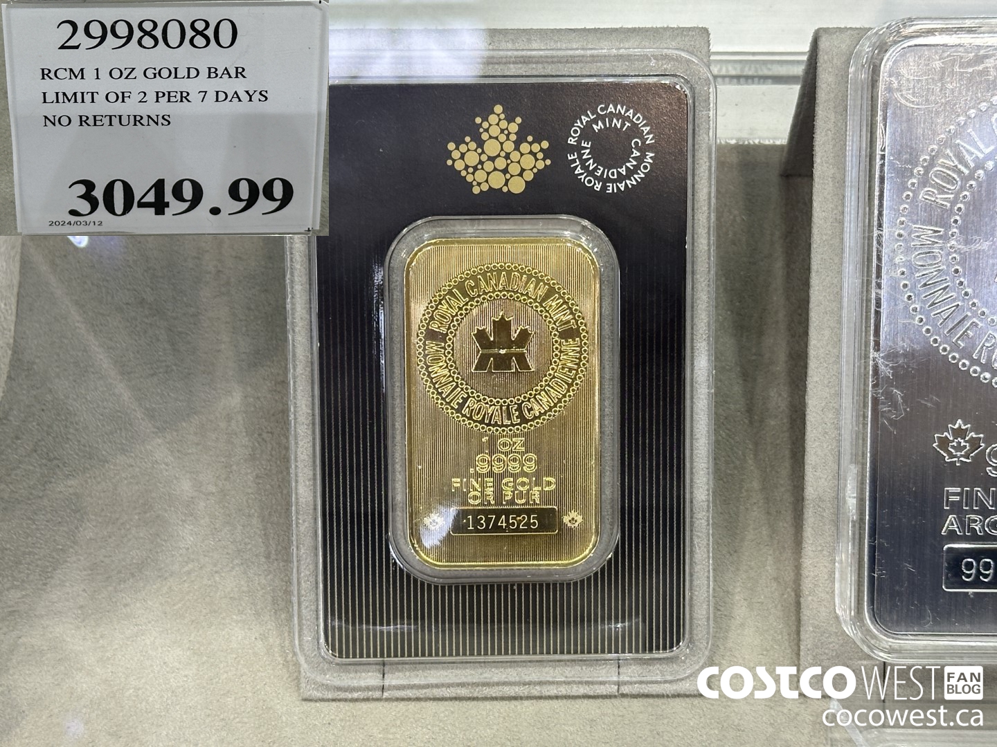 2998080 RCM 1 OZ GOLD BAR LIMIT OF 2 PER 7 DAYS NO RETURNS $3049.99