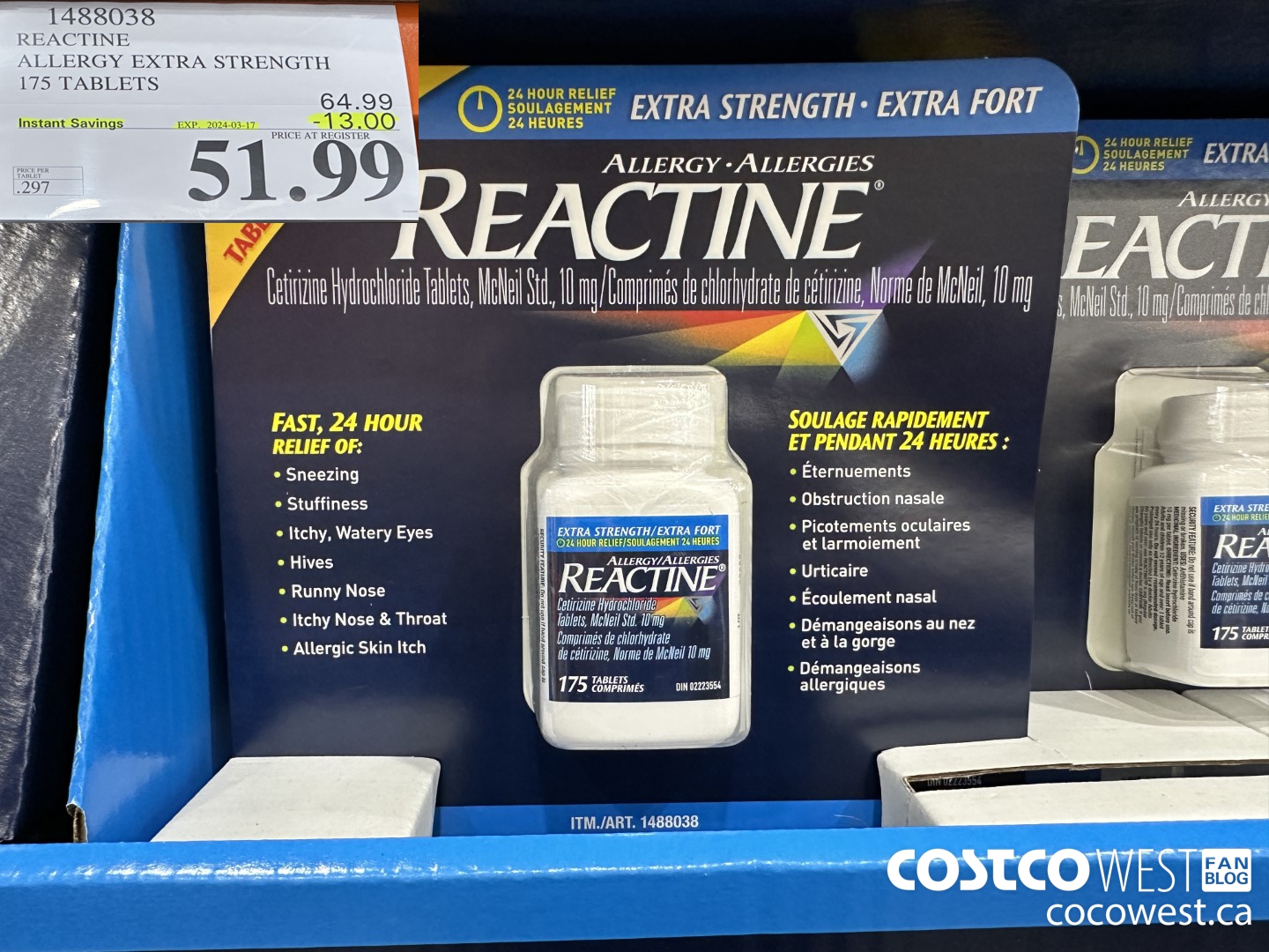 1488038 REACTINE ALLERGY EXTRA STRENGTH 175 TABLETS ($13.00 INSTANT SAVINGS EXPIRES ON 2024-03-17) $51.99