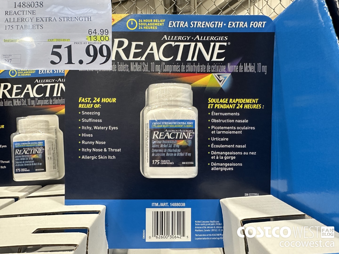 1488038 REACTINE ALLERGY EXTRA STRENGTH 175 TABLETS ($13.00 INSTANT SAVINGS EXPIRES ON 2024-03-17) $51.99