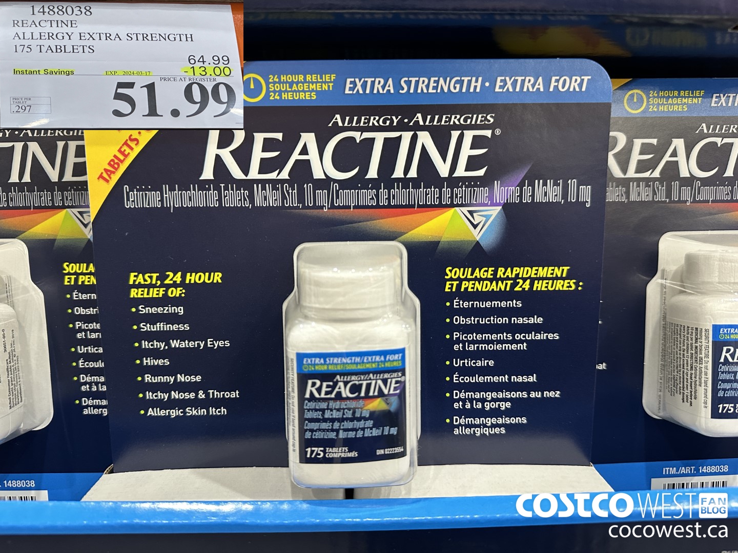 1488038 REACTINE ALLERGY EXTRA STRENGTH 175 TABLETS ($13.00 INSTANT SAVINGS EXPIRES ON 2024-03-17) $51.99