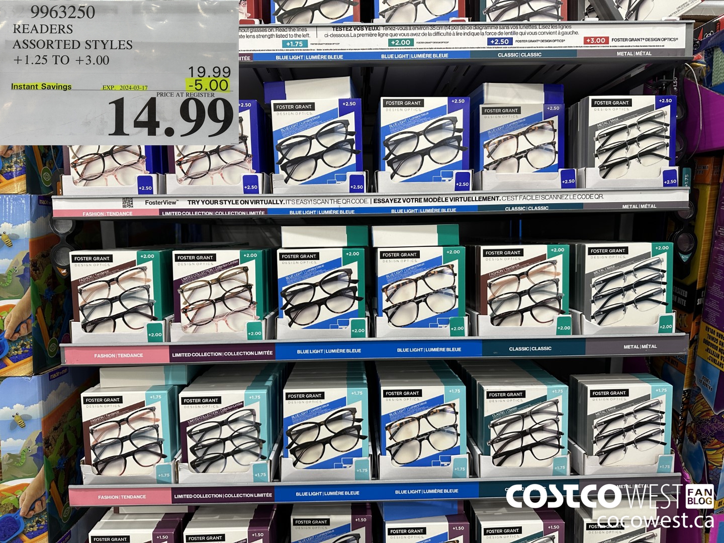 9963250 READERS ASSORTED STYLES +1.25 TO +3.00 ($5.00 INSTANT SAVINGS EXPIRES ON 2024-03-17) $14.99