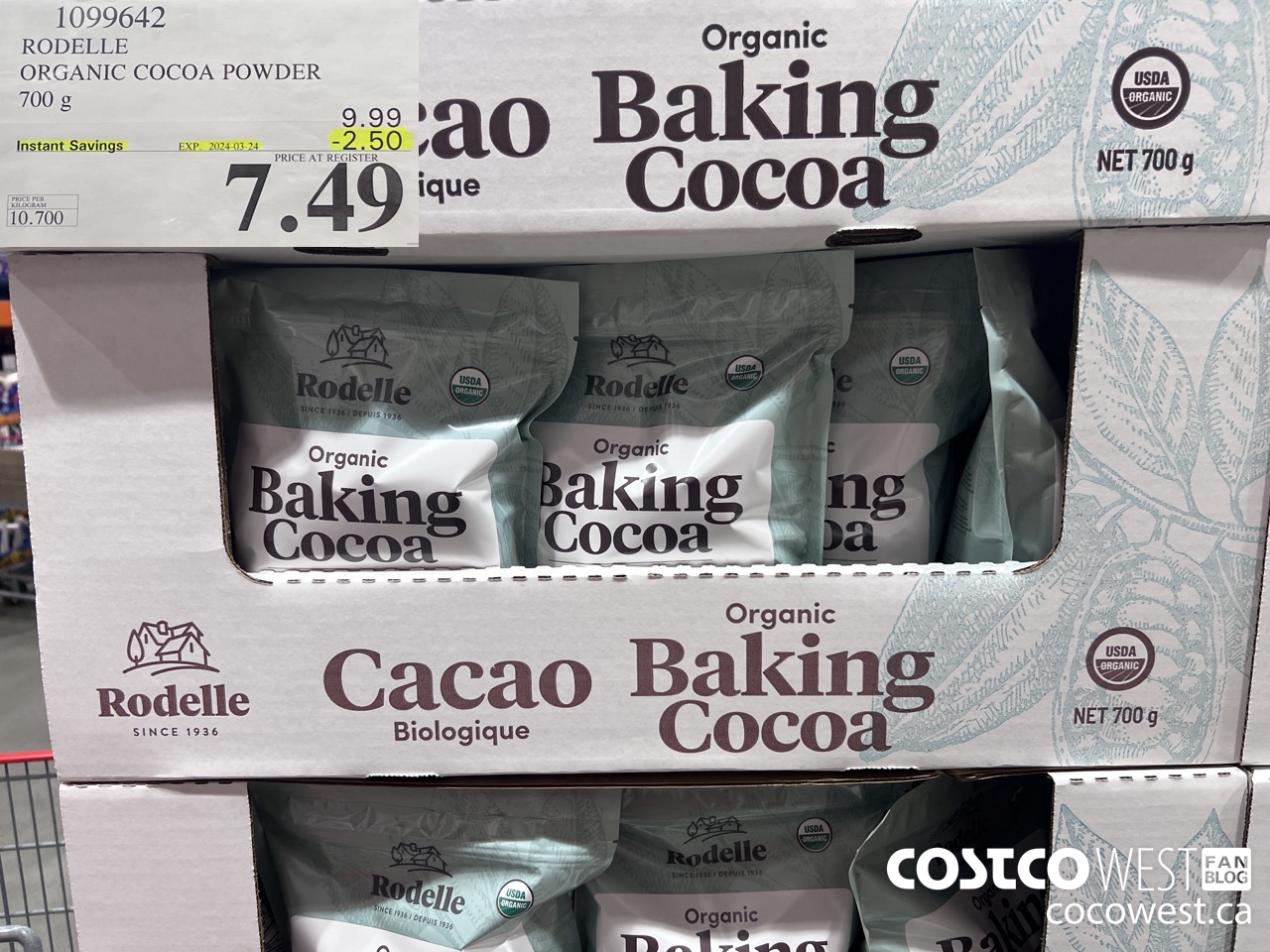 1099642 RODELLE ORGANIC COCOA POWDER 700g ($2.50 INSTANT SAVINGS EXPIRES ON 2024-03-24) $7.49